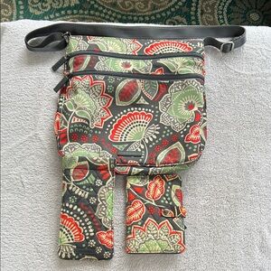 Vera Bradley Floral Matching 3piece set Crossbody, Glass Case, & Document Wallet